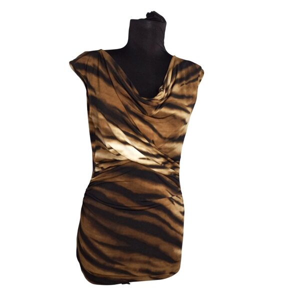 Vince Camuto XS Top Sleeveless Tiger Print Drape Neck Polyester Spandex Ruched - Picture 1 of 9